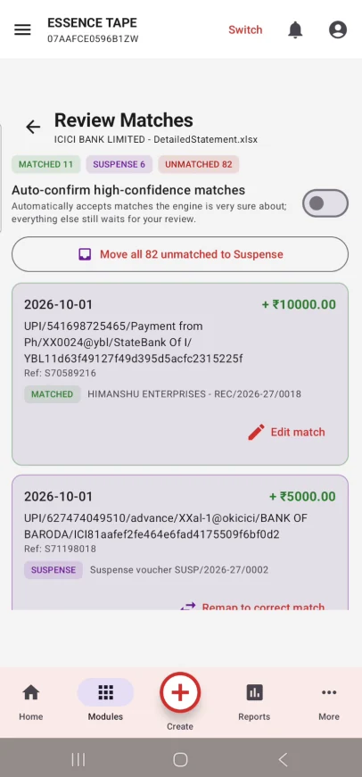 Actual Ganak360 AI bank reconciliation review matches screen with auto-confirm toggle and manual review options
