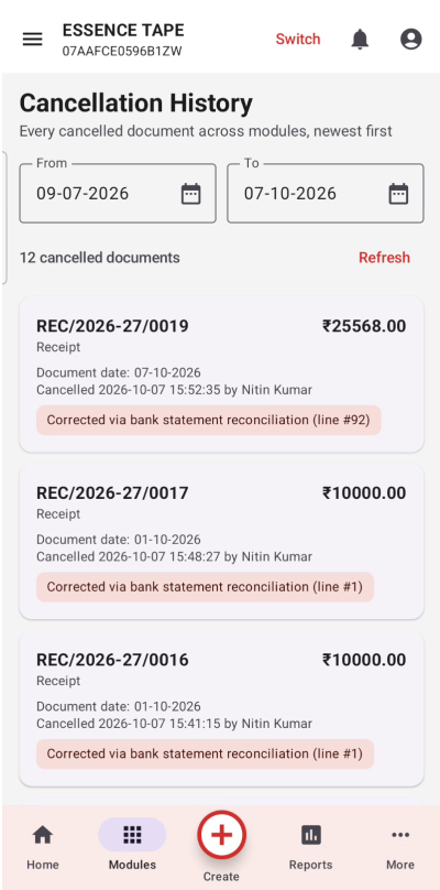 Cancellation history